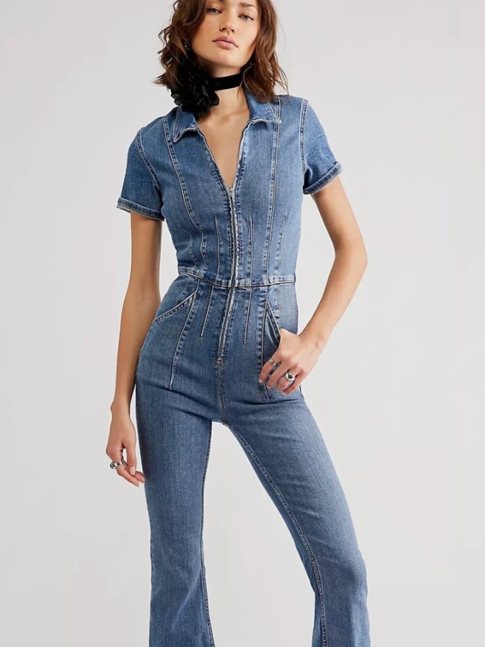 We The Free Jayde Flare Jumpsuit Size XS Blue Denim New With Tags Free People